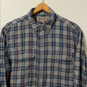 DULUTH TRADING Men’s Medium Flannel Plaid Long Sleeve Button Down Cotton Gray